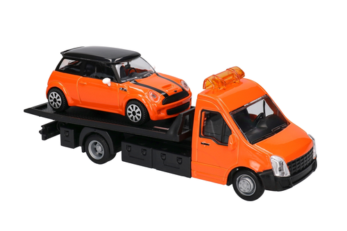 Auto laweta Burago + Mini Cooper POMOC DROGOWA model metalowy 1:43 2