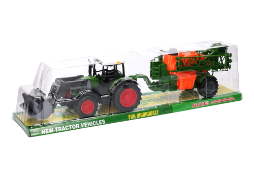 Duży traktor z ładowaczem czołowym TUR i przyczepą - opryskiwacz MAŁY FARMER 8