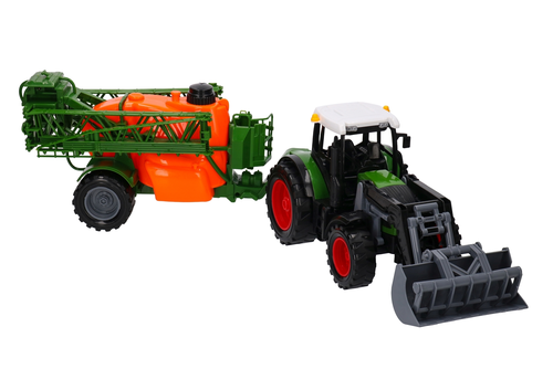 Duży traktor z ładowaczem czołowym TUR i przyczepą - opryskiwacz MAŁY FARMER 4
