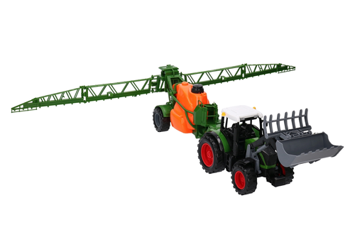 Duży traktor z ładowaczem czołowym TUR i przyczepą - opryskiwacz MAŁY FARMER 3