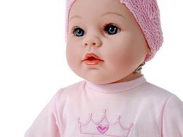 Lalka bobas 40cm mówi, śpiewa - rożowo-białe ubranko 7