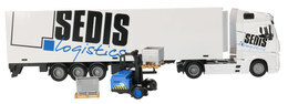Auto TIR MERCEDES ACTROS Z NACZEPĄ + wózek widłowy Burago 2