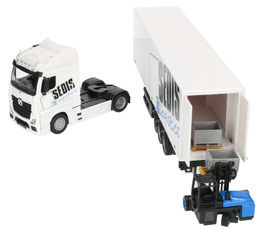 Auto TIR MERCEDES ACTROS Z NACZEPĄ + wózek widłowy Burago 5