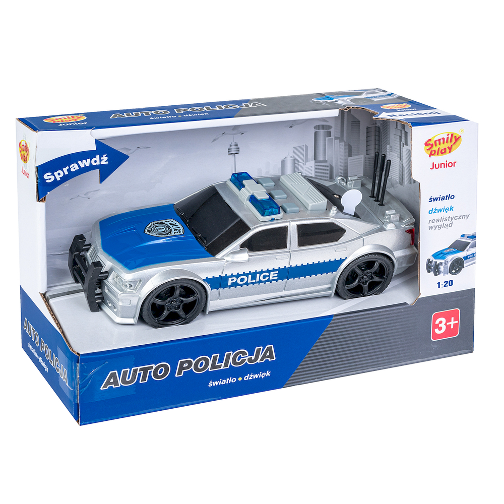 Auto policja srebrna światło i dźwięk Smily Play 1