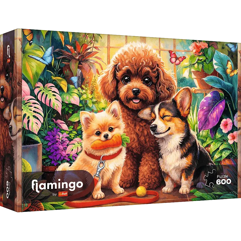 Puzzle 600 Psy w oranżerii - flamingo 1
