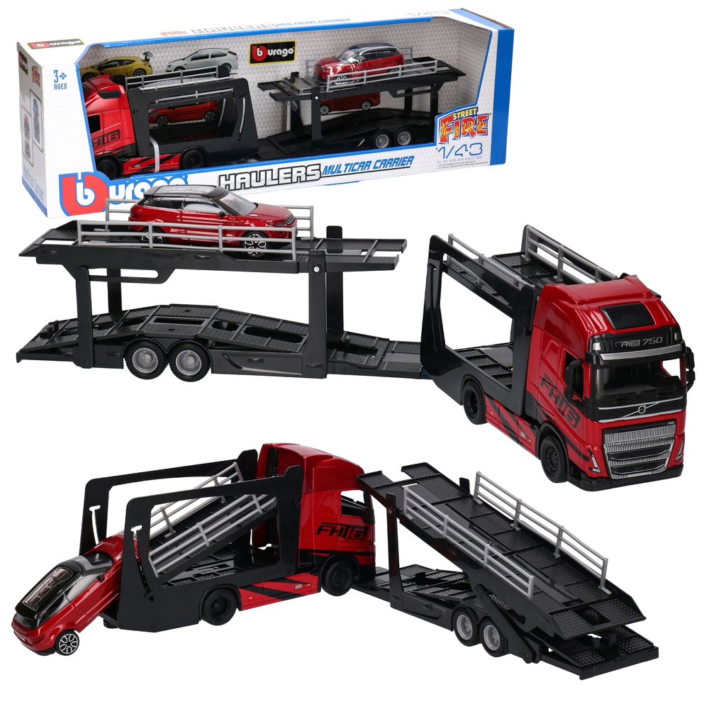 TIR laweta VOLVO FH16 + Land Rover Burago model metalowy 1:43 1