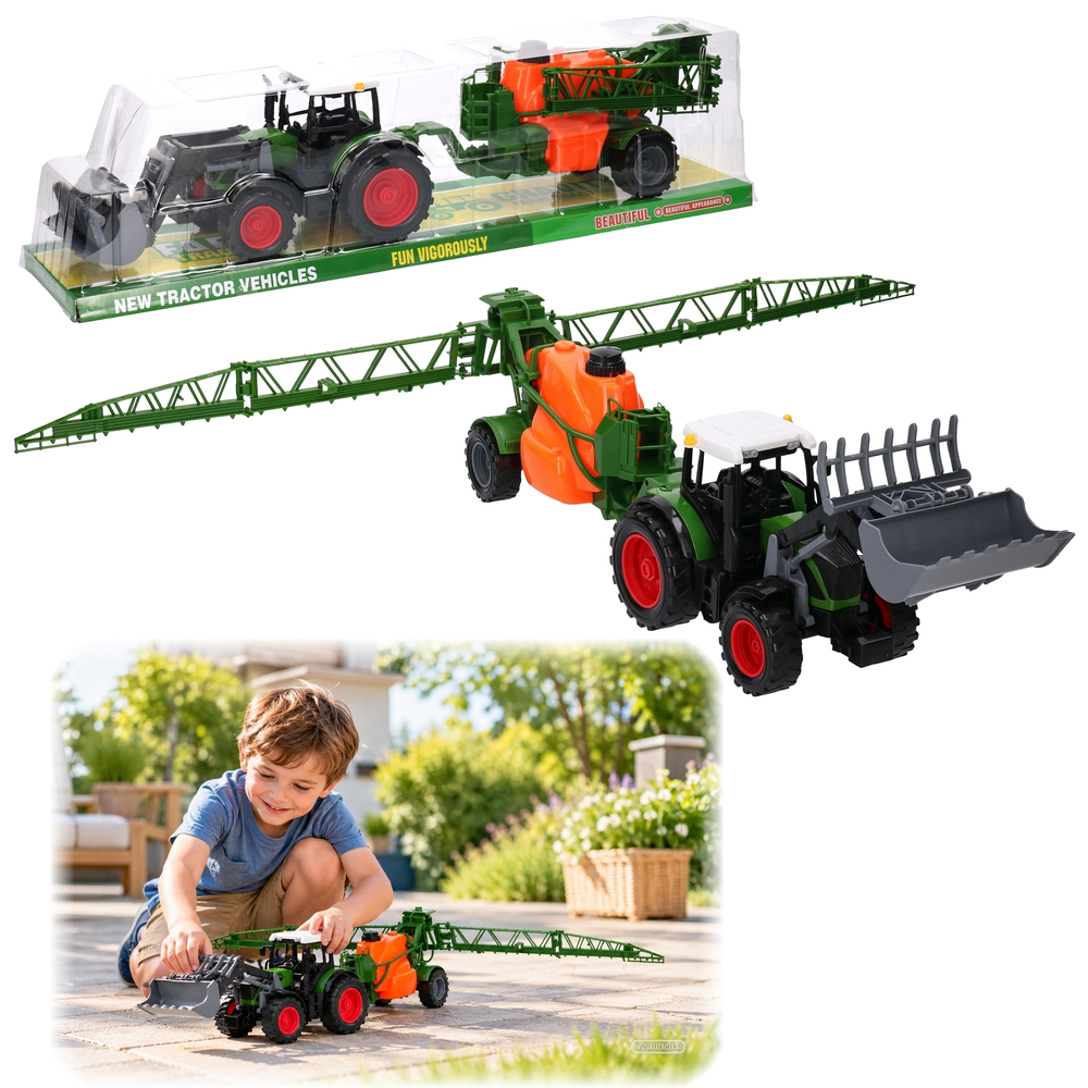 Duży traktor z ładowaczem czołowym TUR i przyczepą - opryskiwacz MAŁY FARMER 1