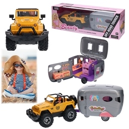 Zółte auto terenowe JEEP + przyczepa kempingowa 1