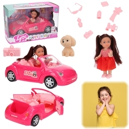 Lalka mini + auto różowe na wycieczki z pieskiem 1
