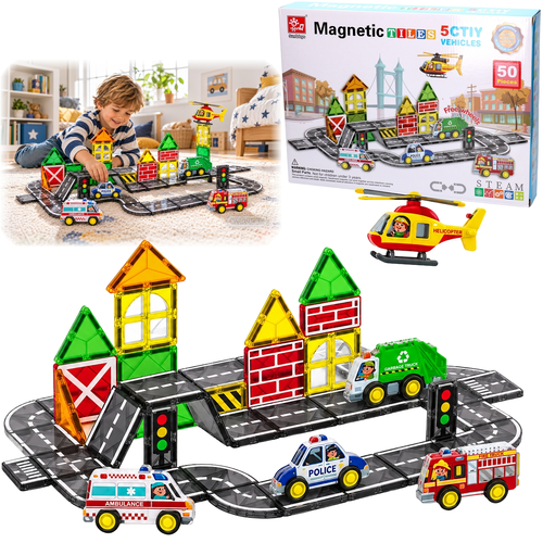 Klocki magnetyczne 5 pojazdów miejskich 50el 1